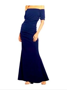 Belle Badgley Mischka Navy Off-Shoulder Ruched   Dress  Size 6